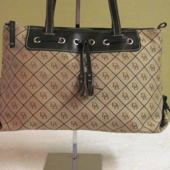 Dooney Bourke Vintage Women’s Brown and Beige Canvas handbag Leather trim - Picture 1 of 14